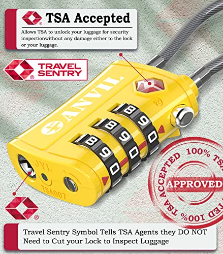 ANVIL TSA Locks for Luggage – TSA Approved Cable Travel Lock with Zinc Alloy Body, 3-Digit Combination Lock for Suitcases, Backpacks, Gun Cases, Zippers (Yellow 2 Pack) - Thumbnail 2