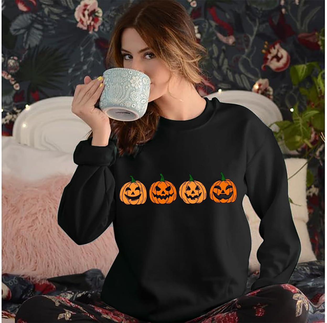 Halloween Sweatshirt for Women Pumpkin Face Pullover Fall Season Long Sleeve Thanksgiving Graphic Sweater Top - Image 3