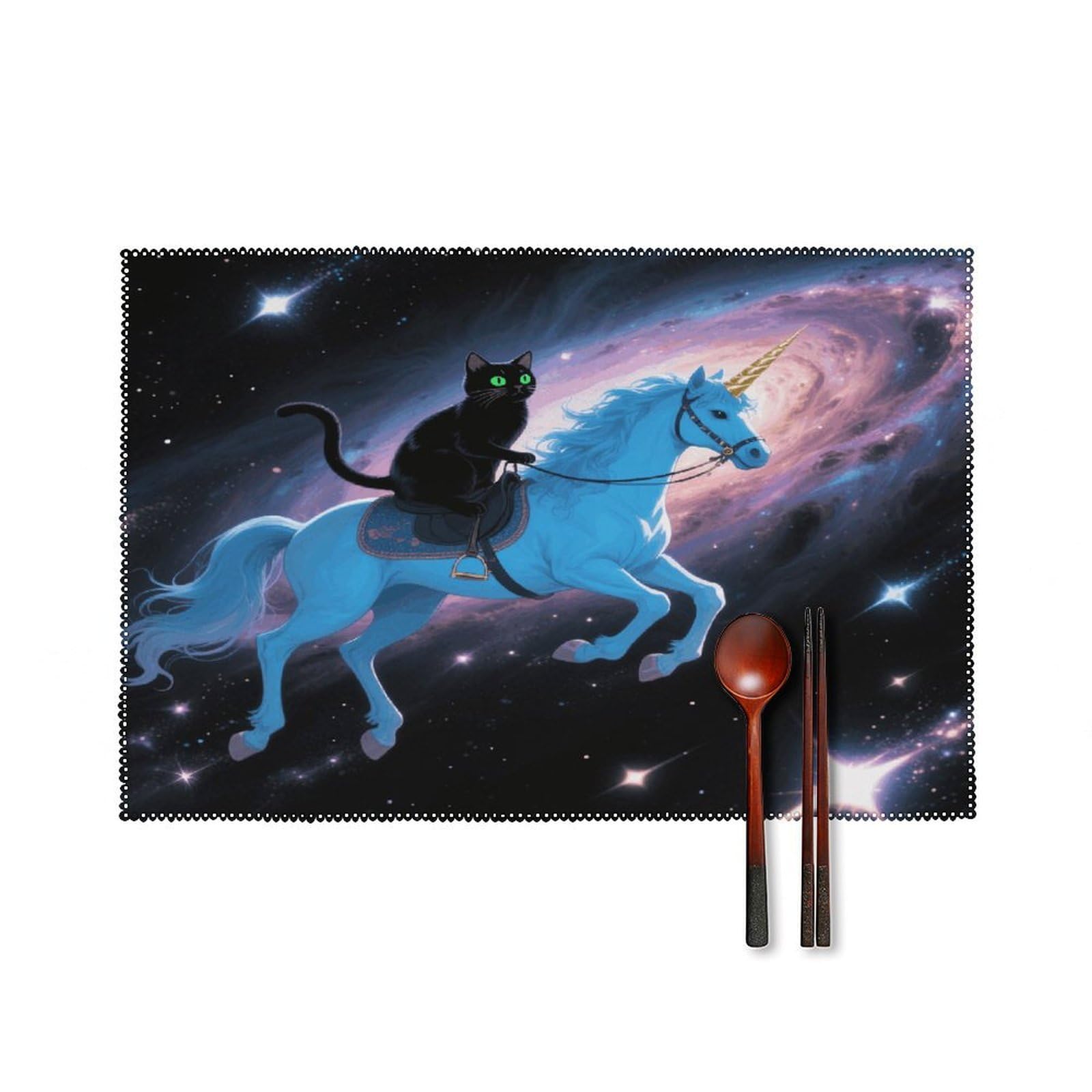 Black Cat Riding Horse Placemats Set of 4 Heat Resistant Non-Slip Place Mats for Dining Table Washable Placemat Wipeable Dining Table Mat Canvas Place Mats Dining Table Decor