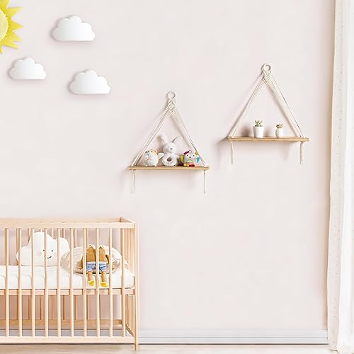 Miniatura 4 de Dahey Estante colgante de macramé, decoración de pared bohemia, paquete de 2 estantes flotantes de madera rústica para guardería, dormitorio, baño,