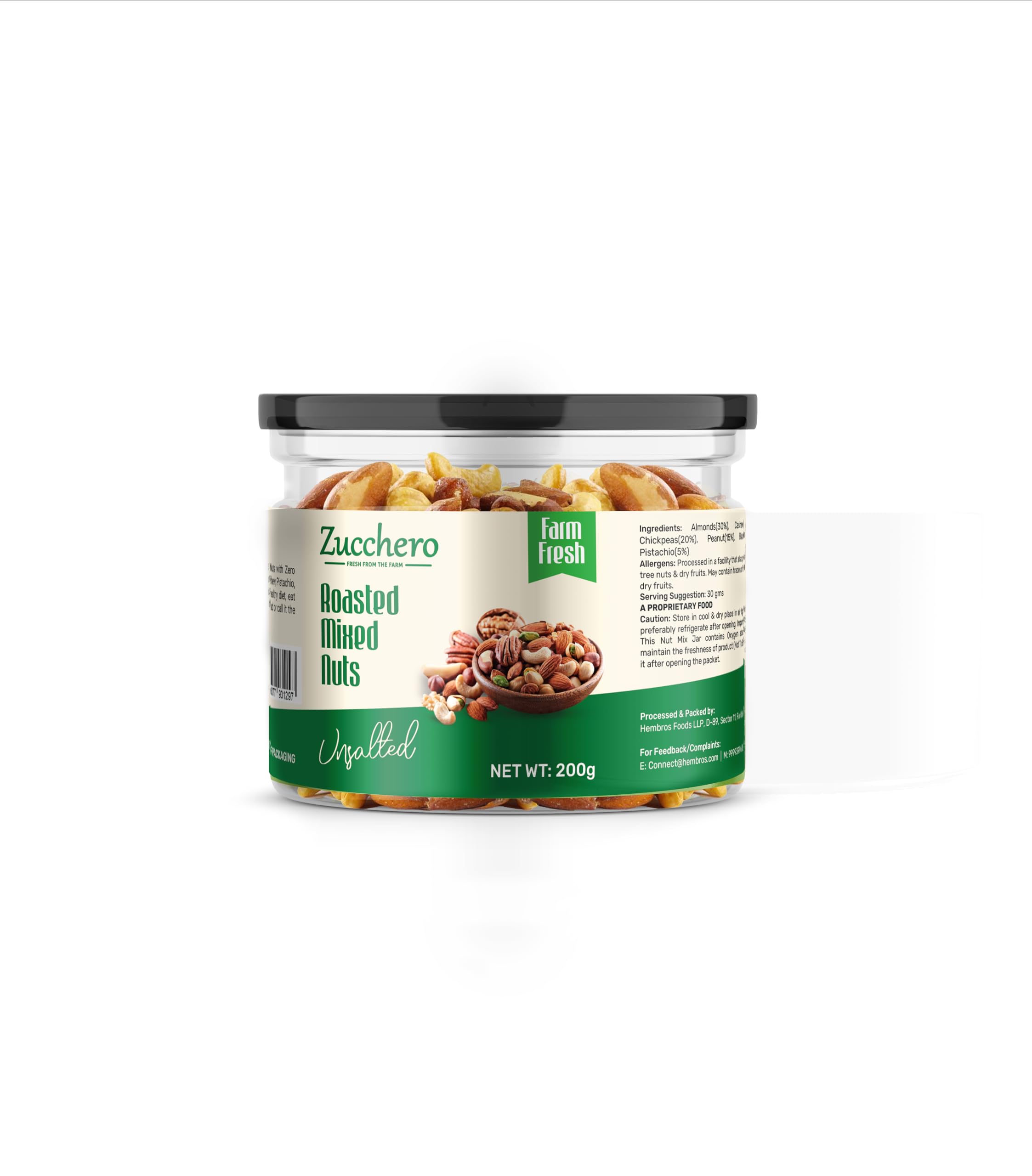 Zucchero Roasted Nut Mix, Unsalted, 200g (California Almond, Cashew (W240), White Chikpeas, Bold Peanuts, Pistachio, Black Raisins) - Oil-Free Roasting | No added Salt | High Protein | Roasted Dry Fruit | Jumbo Quality | Brainy Nuts | Preservative free | Zero Cholesterol