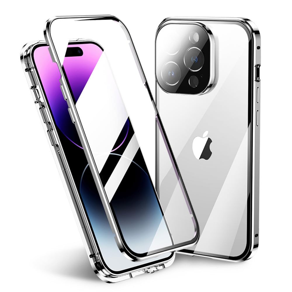 KMXDDLockable Magnetic Case for iPhone 15 Pro Max with Safety Lock Screen Protector Camera Lens Protector Double-Sided Glass 360° Full Body Bumper Cover Clear Case (15ProMax, Silver White)