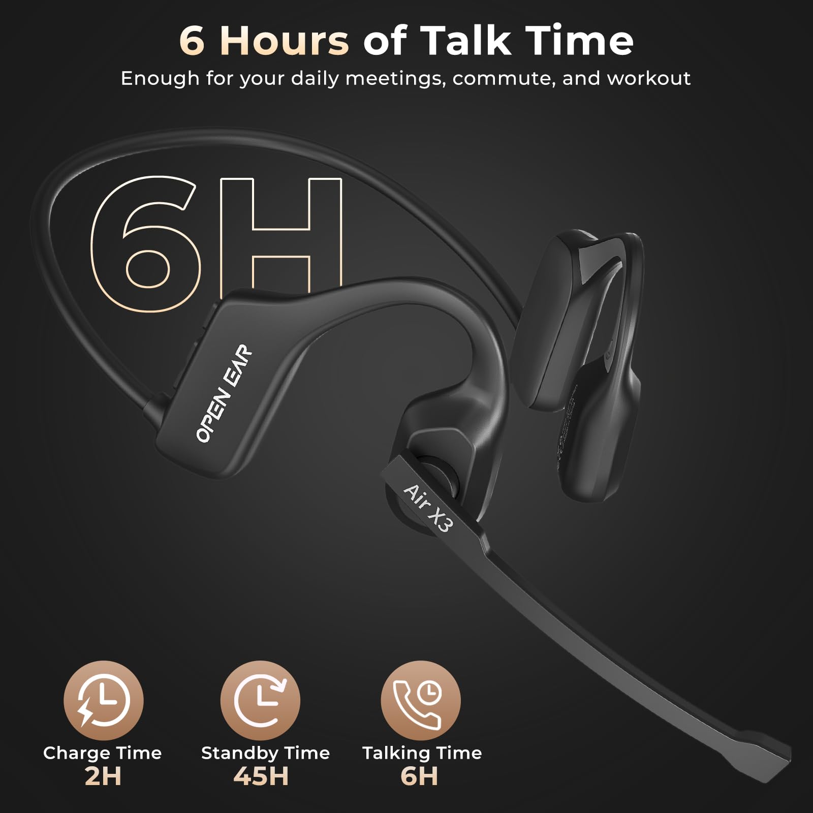 Cuffie aperte con microfono, cuffie wireless con microfono per chiamate di lavoro, microfono con cancellazione del rumore AI, cuffie Bluetooth Trucker a conduzione d'aria con pulsante mute, 32 g