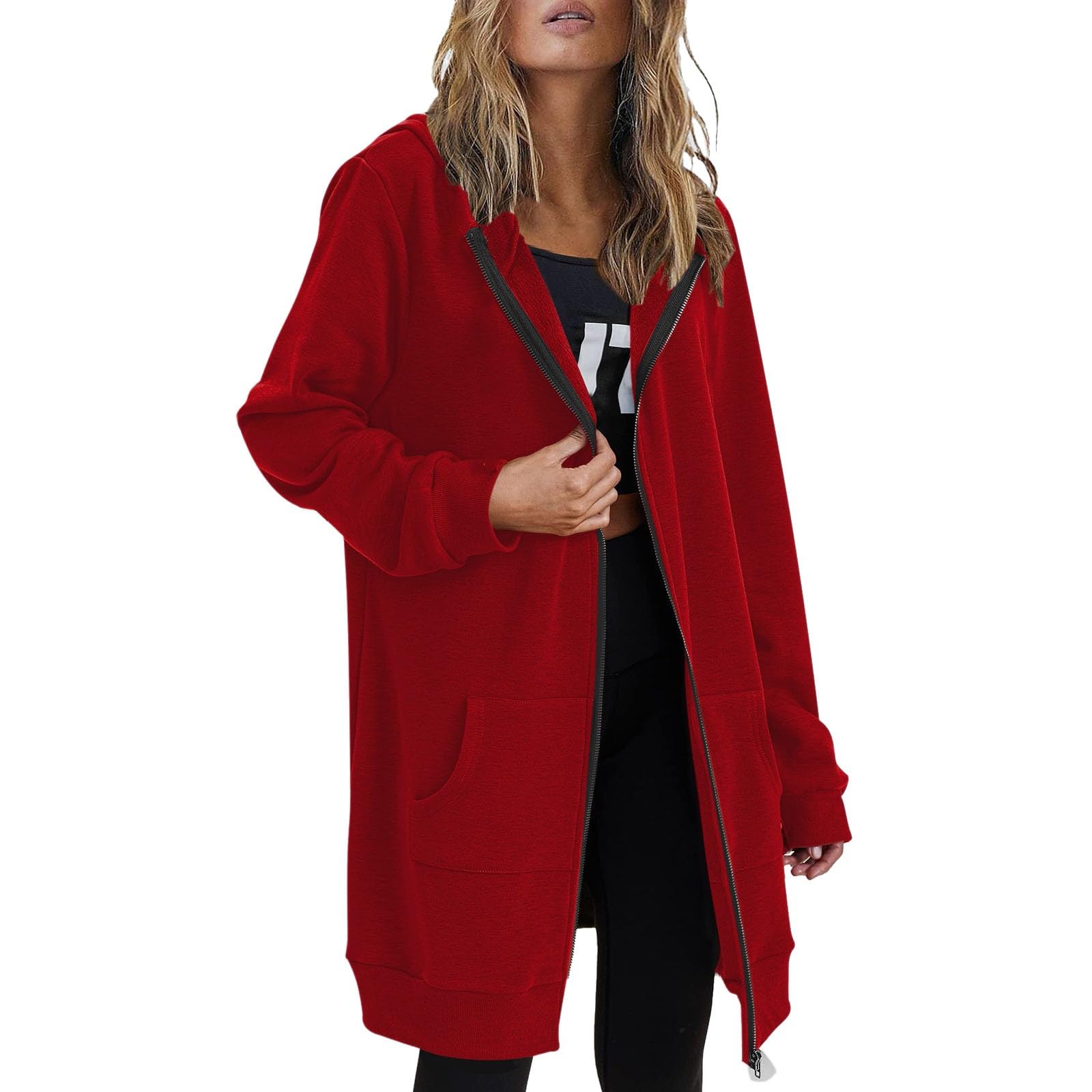 Womens Zip Up Hoodies Long Sleeve Hooded Lightweight Sweatshirt Oversized Fleece Jacket With Pockets Fall Clothes