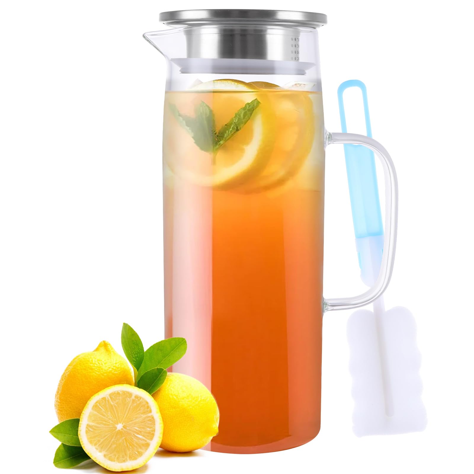 ASelected Glass Water Jug with Lid, 1.5L Fridge Door Water Jugs, Juice Jug with Cleaning Brush, Glass Pitcher Water Carafe for Fridge Door, Hot and Cold Drinks