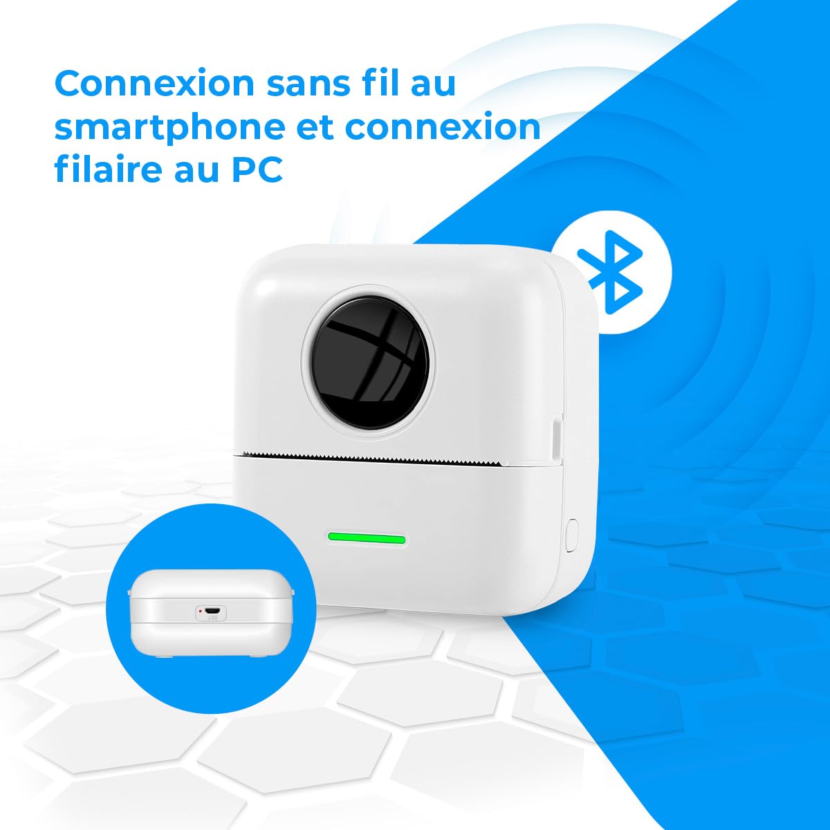 NK Imprimante Photo Portable avec 5 Rouleaux de Papier Thermique - Mini Imprimante Thermique Mobile sans Fil, Câble USB, Compatible avec iOS et Android, Blanc
