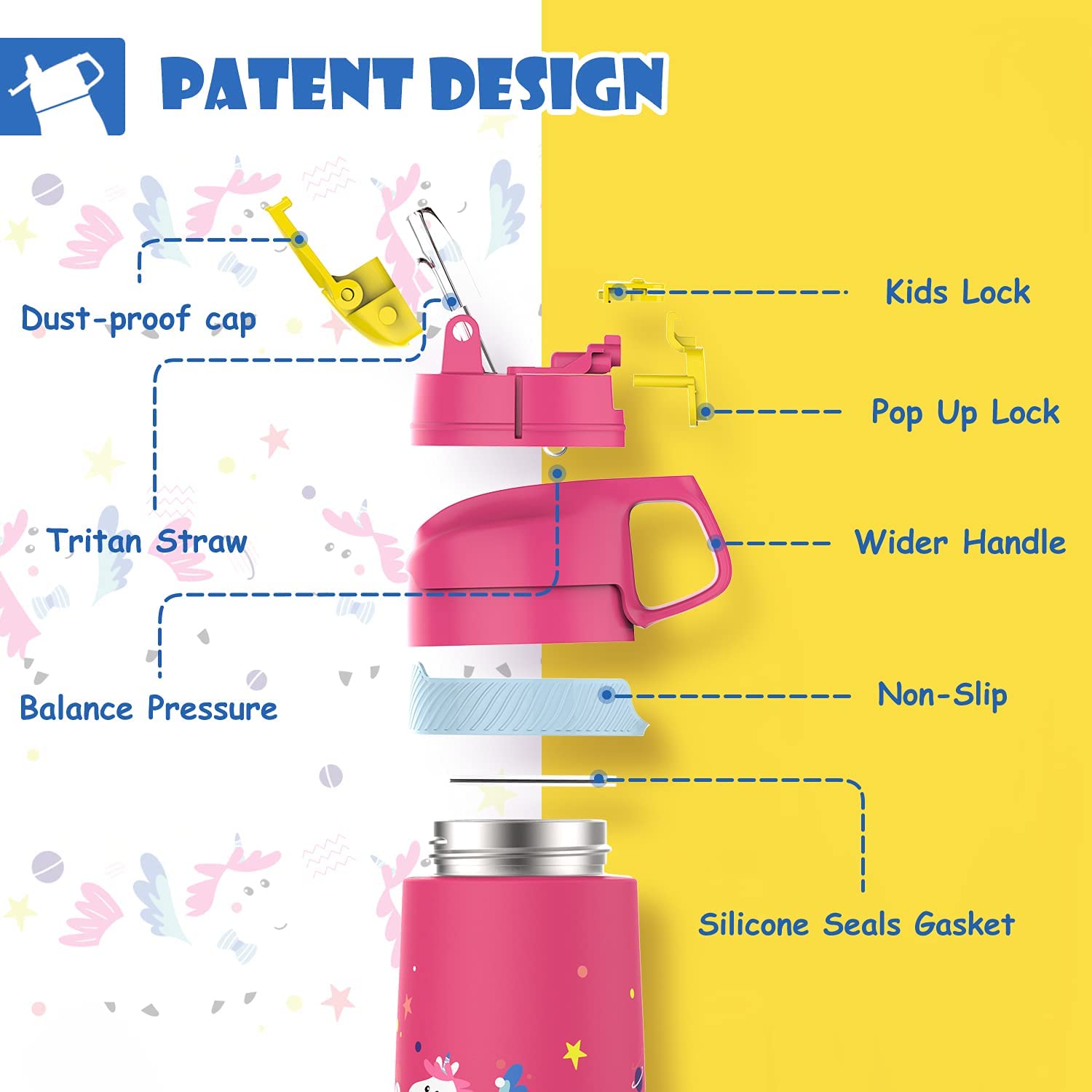 FEIJIAN Borraccia Bambini acciaio inox con cannuccia, Senza BPA- 350ml
