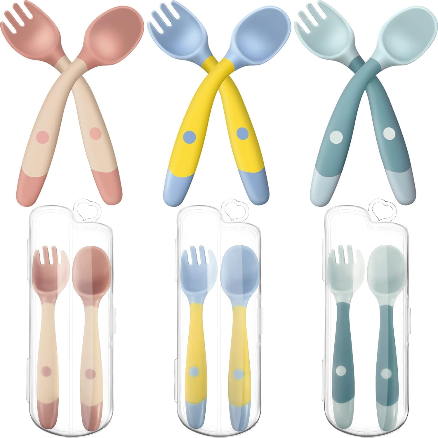 kolorfish baby utensils spoon fork with travel case, toddler utensils for self feeding bendable handle silverware for kids children (3 set, pink+yellow+green)
