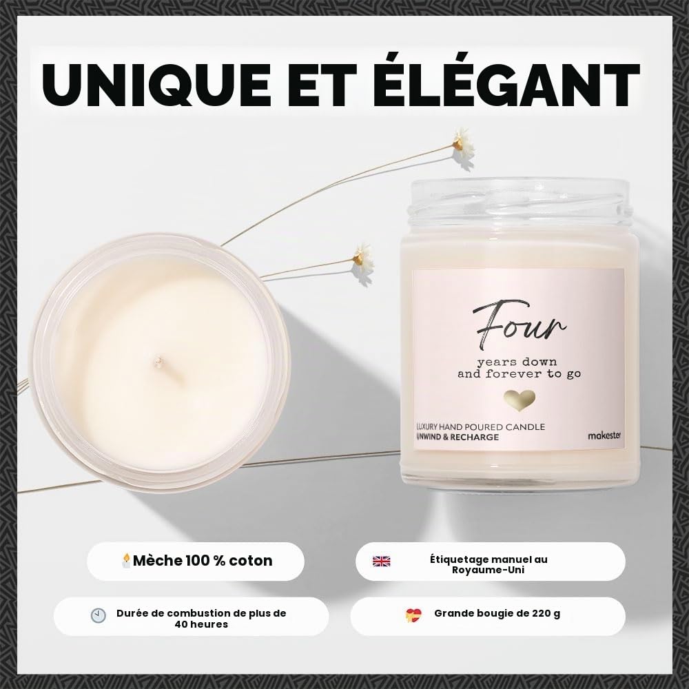 Bougie cadeau 4ème anniversaire de mariage – Cire de soja de luxe – Vanille, jasmin, amande sucrée Makester