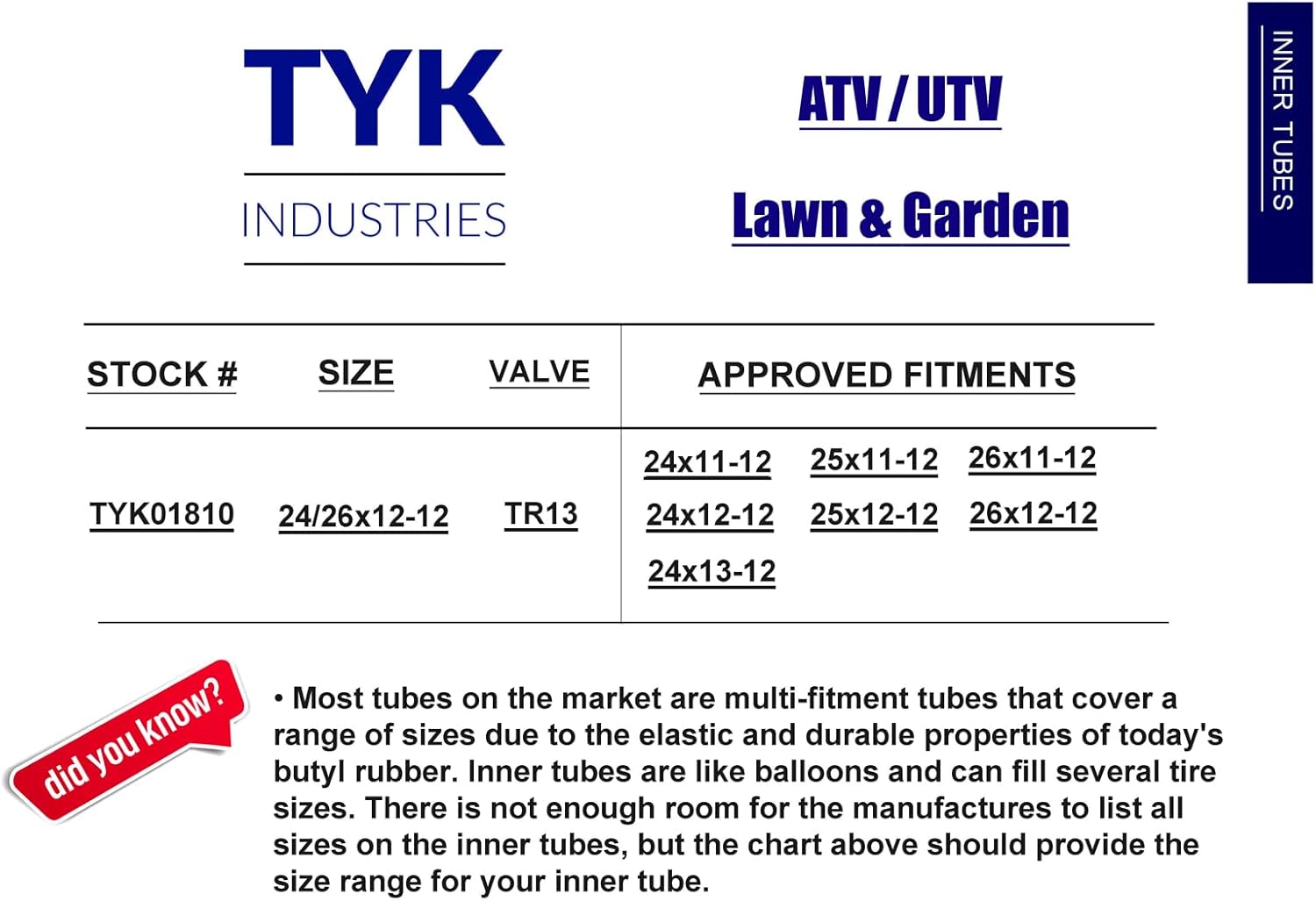 Two TYK 24x12-12, 24x12.00-12 ATV Industrial Tire Inner Tubes with TR13 Valve Stems
