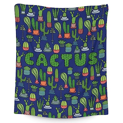 Cactus Throw Blanket - Soft, Fuzzy & Warm - 50x60 Inches Flannel Blankets for Living Room, Sofa - Dark Blue Aesthetic Throws Gift for Teens