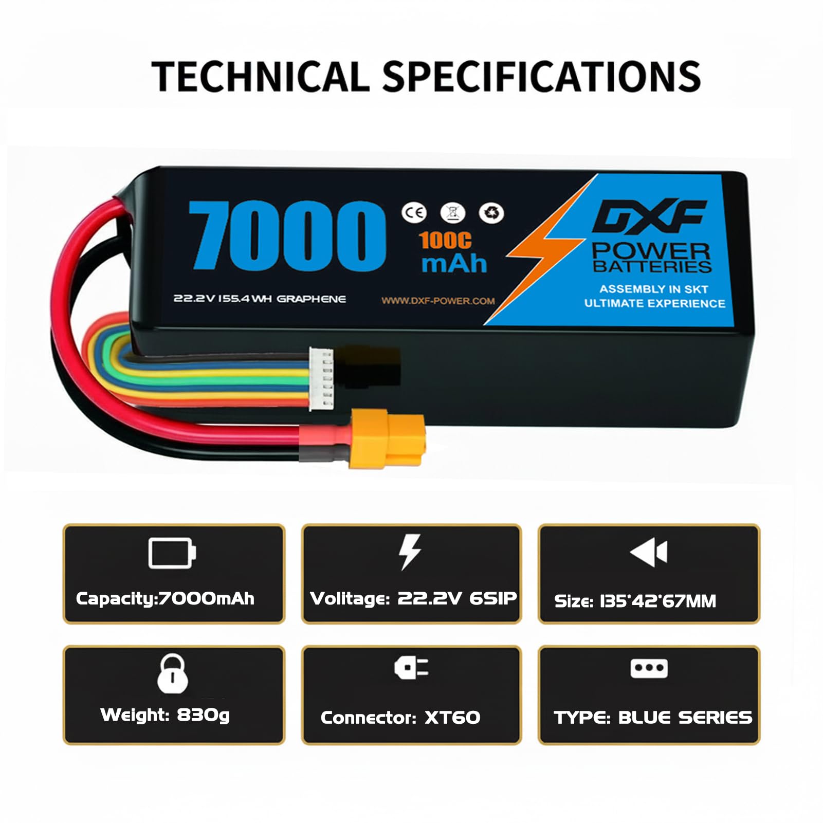DXF 1 confezione di BATTERIA LIPO, BATTERIA LIPO 6S con 22,2 V, 7000 mAh, scarica 100 C, connettore XT60, per droni, aerei RC, camion, elicotteri e altro, LIPO 6S, 6S LIPO, batteria in formato 6S1P
