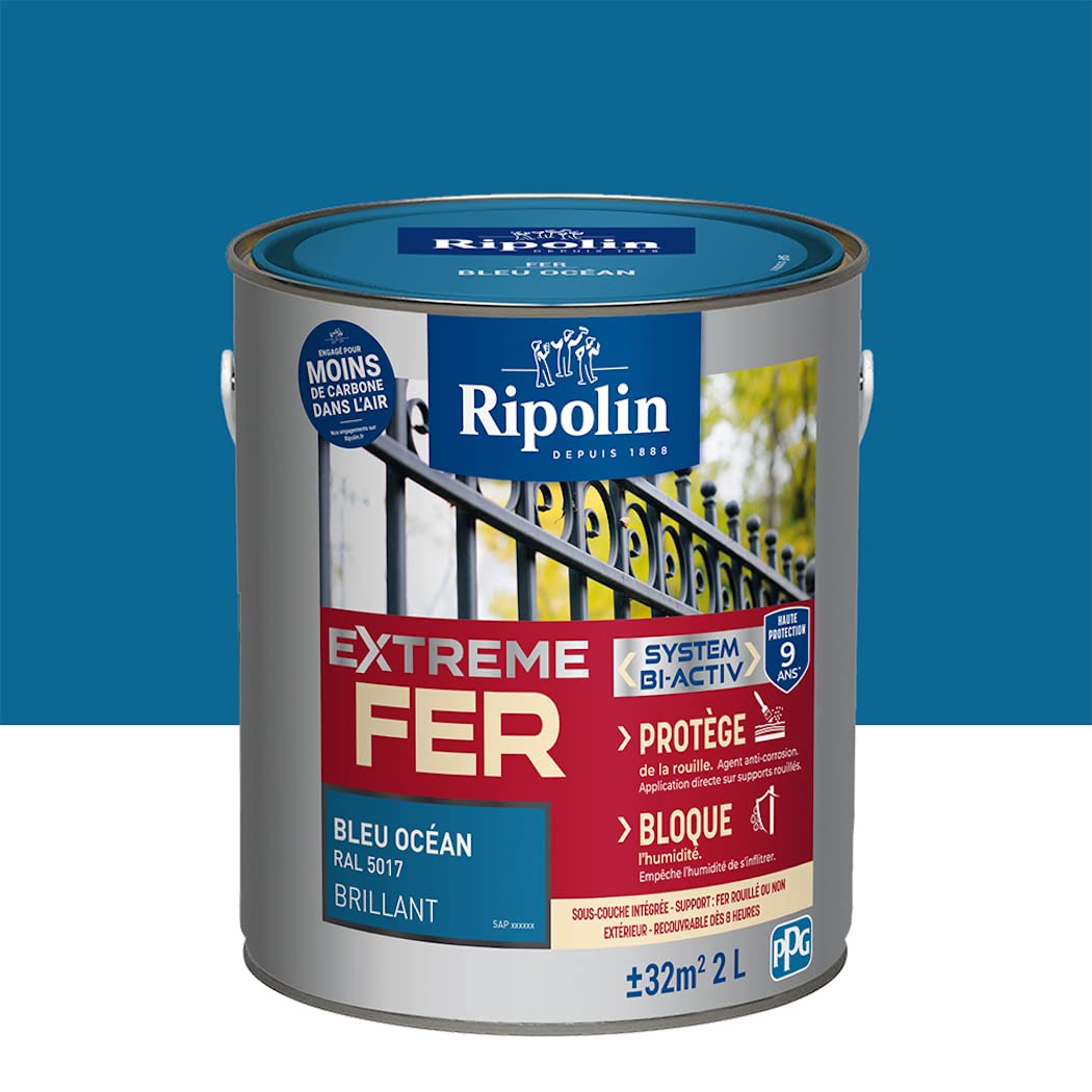 Ripolin – Vernice per ferro da esterno, glicero, antiruggine, senza sottostrato diretto sulla ruggine, resistente alle intemperie, ai raggi UV e agli urti, lucida, 2 l, blu oceano
