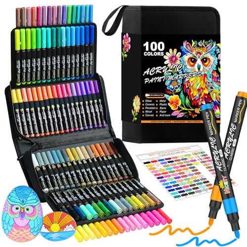 VividHues 100 Pack Acrylic Paint Pens 3mm Medium Tip Paint Markers for Rock Painting Stone Ceramic Wood Glass Fabric Water-Based Art Supplies for DIY Crafting
