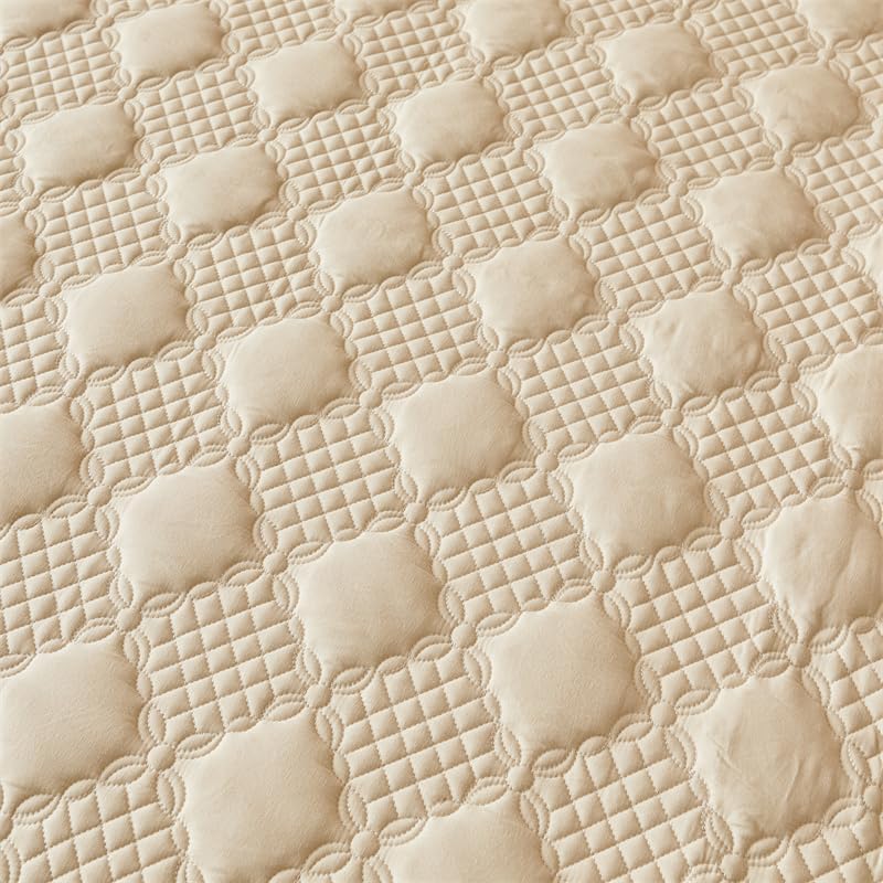 Plaid Quilted California King Size Ruffled Bedspread Set Washable Cotton Bed Coverlet and 2 Pillowcases, Champagne