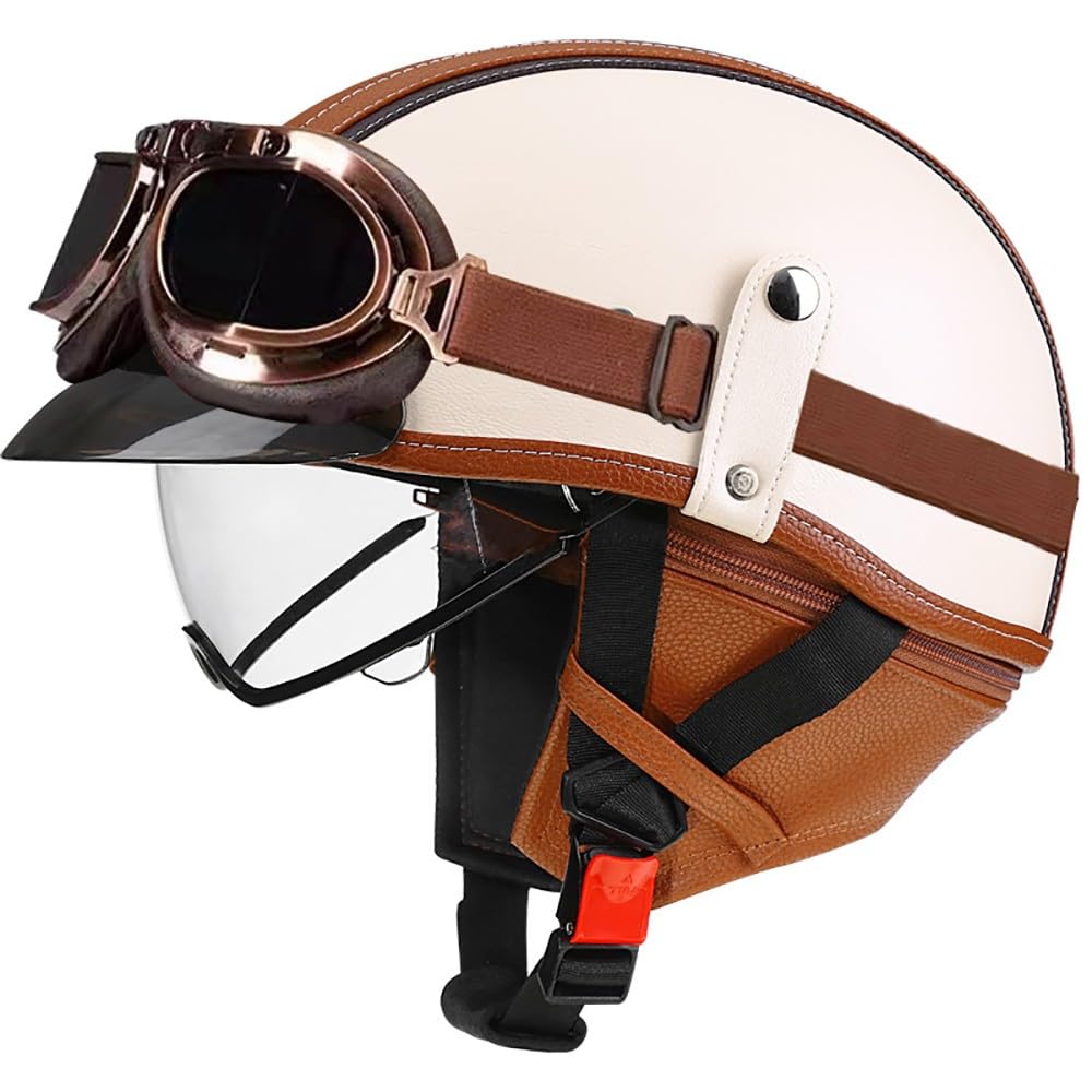 WZGGTEAM Leather Half Helmet German Style, Retro Open Face Helmet with Goggles, DOT/ECE Approved Motorcycle Half Shell Cap for Chopper Cruiser Scooter Bike