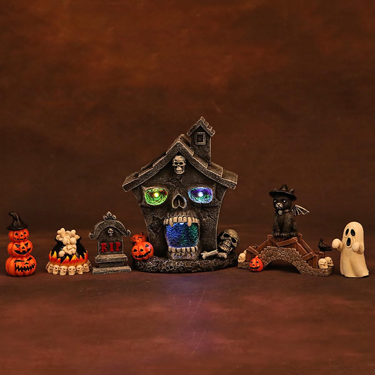 Semeid Halloween Decor Accessories – 7-Piece Resin Mini Figurines & Haunted House LED Night Light for Indoor Tabletop, Shelf & Mantel Décor, Haunted Party & Horror Room Accent (No Batteries Included)