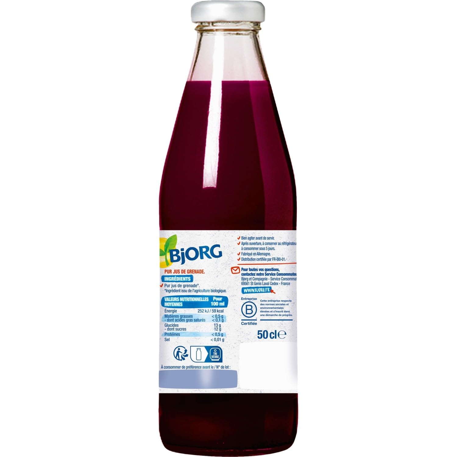 BJORG Jus Bio de Grenade - Pur Jus 100% Fruits - Bouteille en Verre 50 cL - Sans Sucres Ajoutés - Agriculture Biologique - Lot de 3