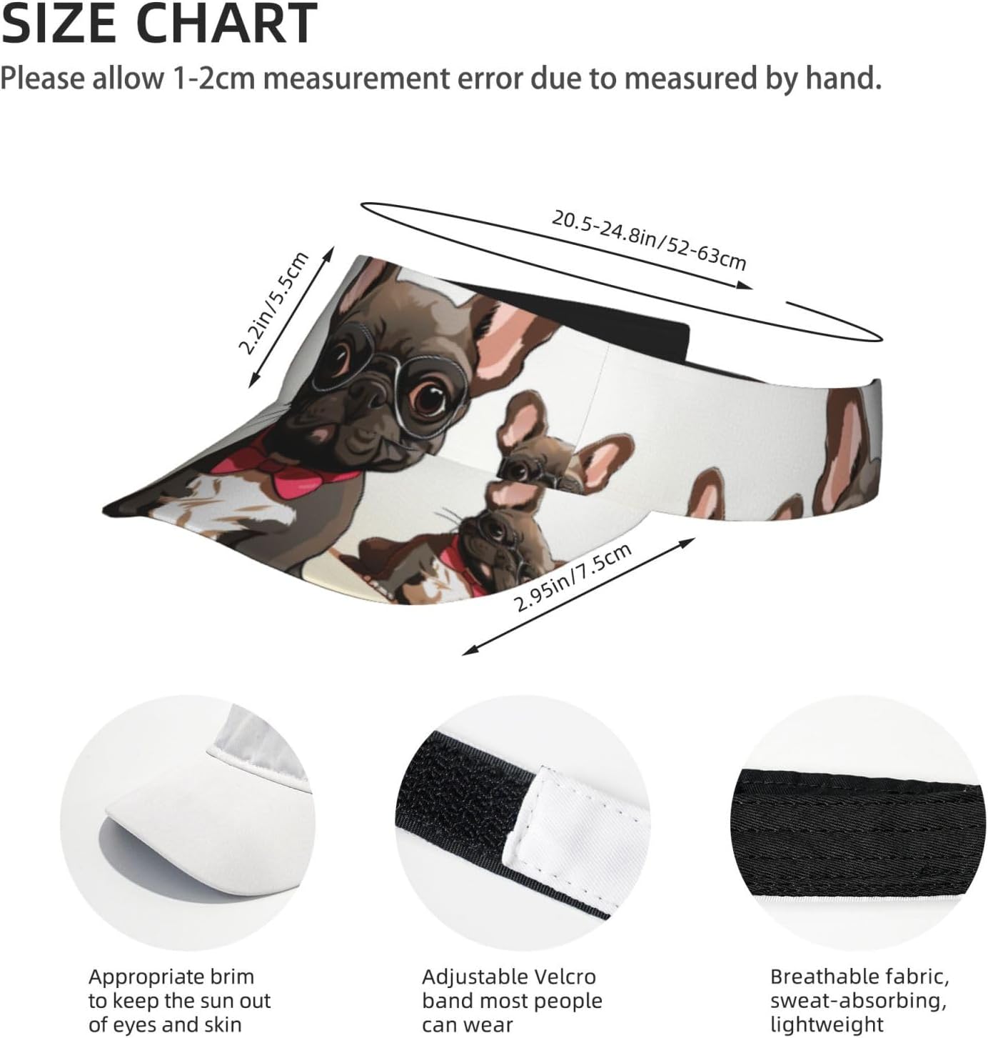 Cartoon Dog French Bulldog Sports Sun Visor for Men Women Adjustable Empty Top Baseball Cap Outdoor Golf Running Sun Caps Black