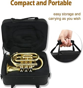 Vetimobato B Flat Pocket Trumpet, Gold Lacquer Brass Body with Hard Case & Accessories, Compact & Portable Travel Trumpet for Students, Beginners & Professional Players (Gold)