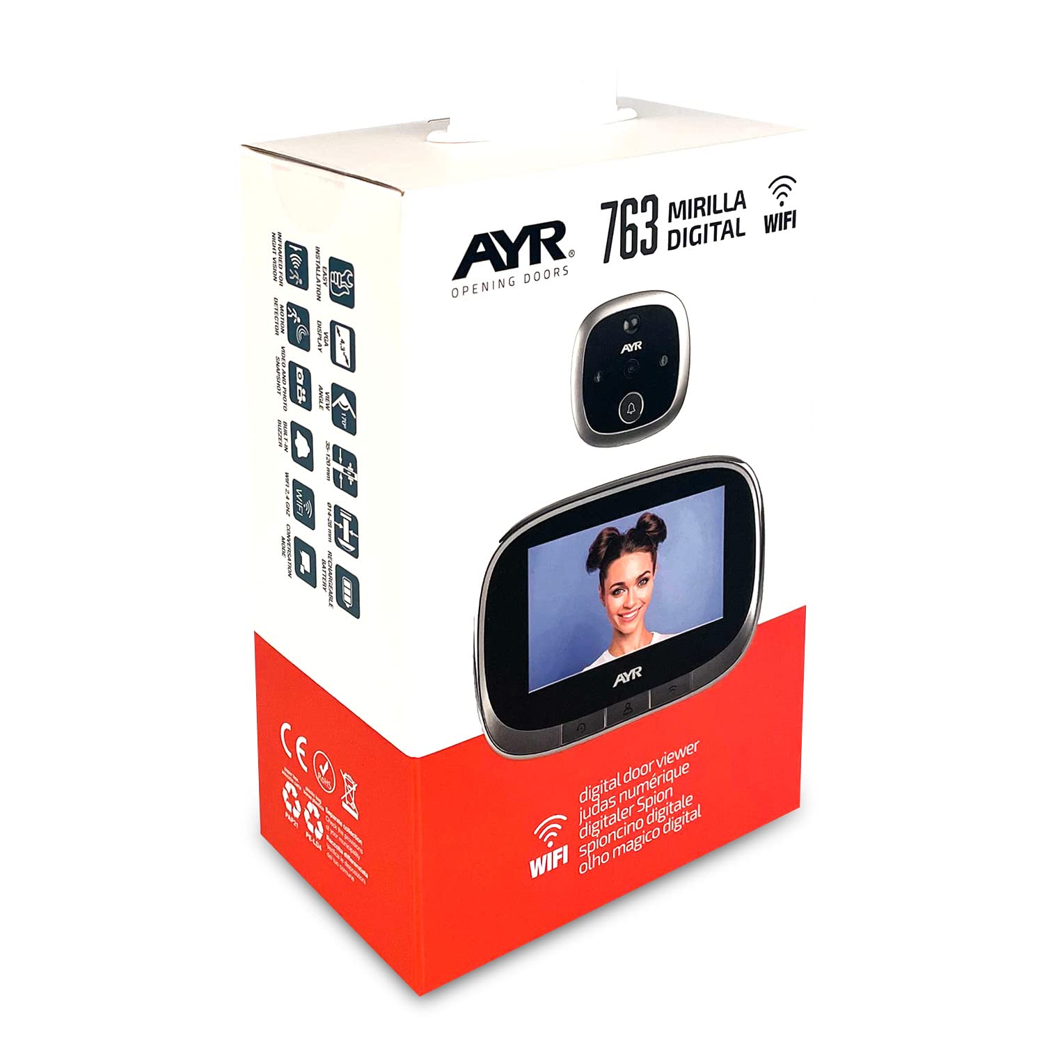 AYR Mirilla Digital de Puerta con Gran Pantalla a Color de 4,3". Cámara con Infrarrojos y visión Nocturna, PIR; detección de Movimiento. Batería Recargable. Modelo 763 WiFi.