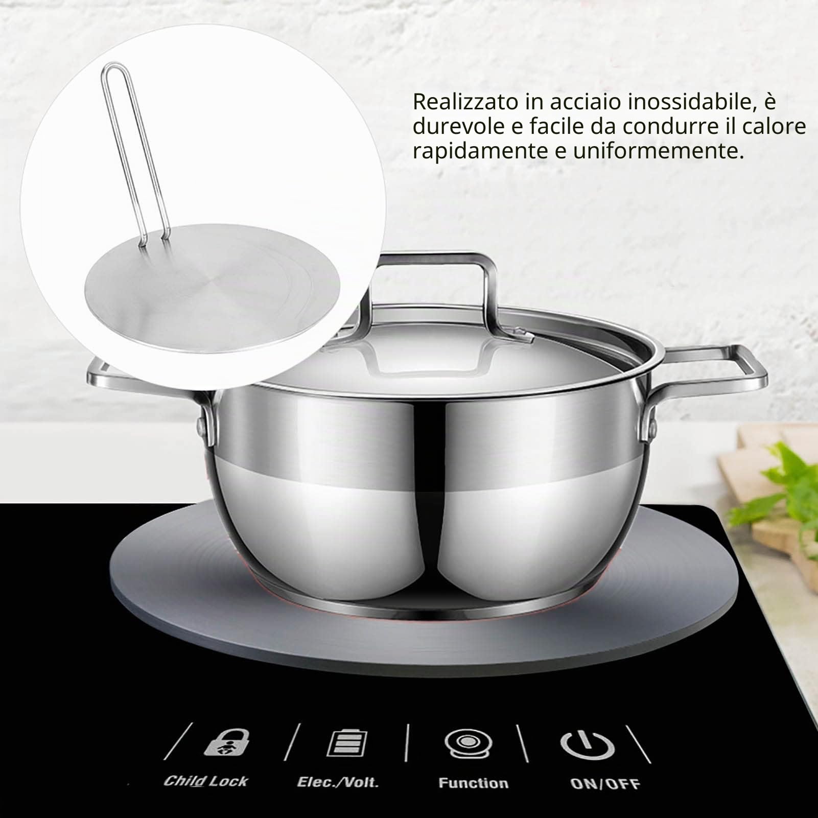 Diffusore Induzione 20cm Acciaio Inox, Manico Rimovibile | Adattatore per fornelli ed elettrici, distribuzione uniforme calore, compatibile con pentole in ceramica e allum