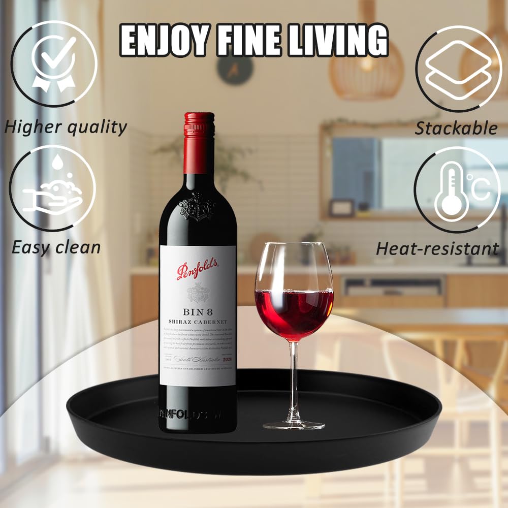 Lot De 5 Plateaux De Service Ronds Noirs – Bord Haut 22,6 Cm – Plastique Résistant Chaleur Pour Café, Bar, Restaurant, Événement