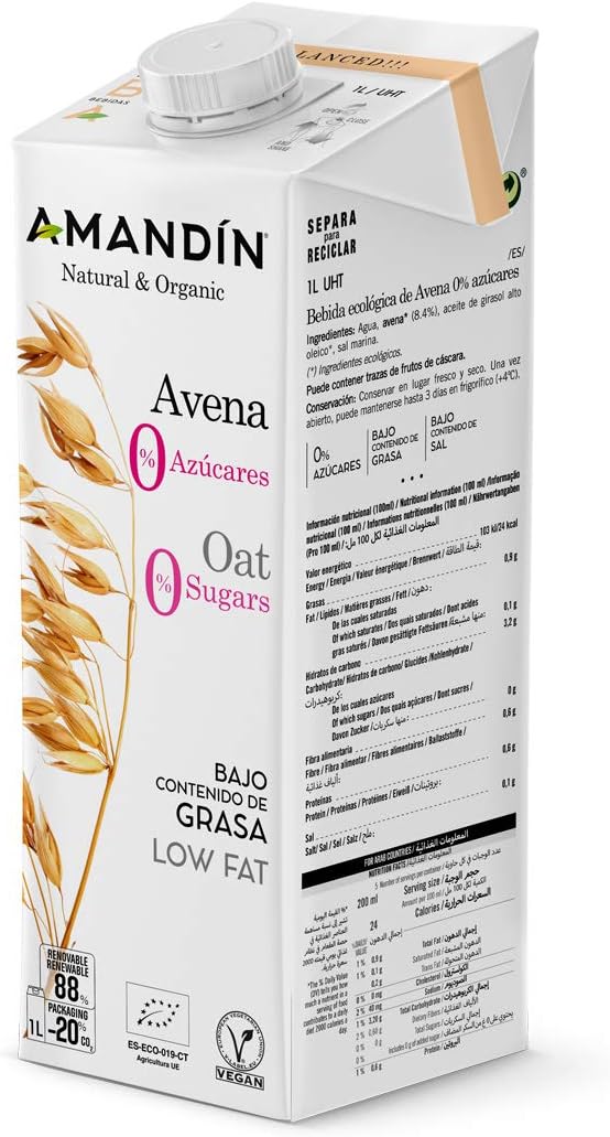 AMANDÍN Bebida Ecológica de Avena 0% Azúcares - Caja de 6 x 1L - Imagen 3