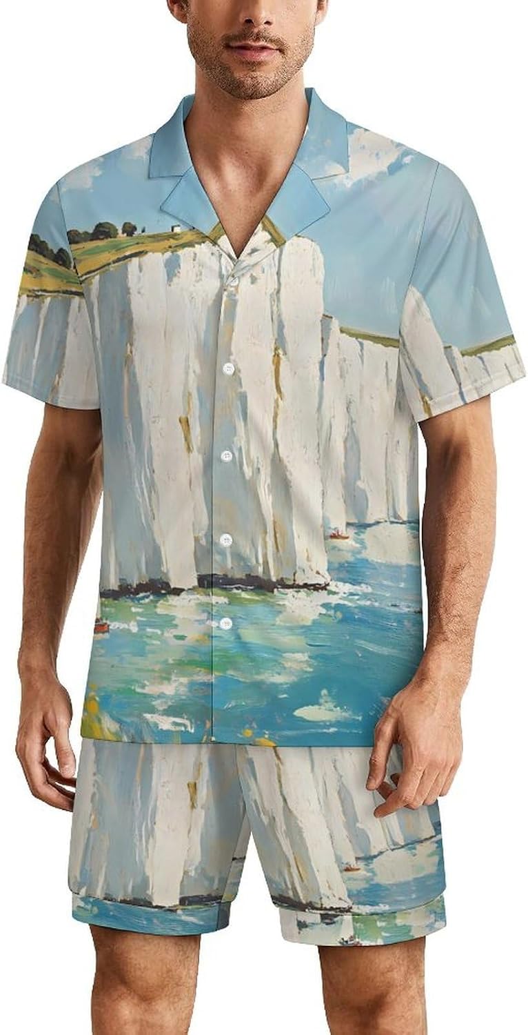The White Cliffs of Dover Men's Short Sleeve Pajama Set Satin Silk Like Lounge Sleepwear