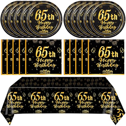 65th Birthday Decorations Kit for Men Women 41Pcs Black Gold 65th Birthday Dessert Plates Napkins and Tablecloth Vintage 65 Years Party Decorations for 1961 Years Old Party Supplies