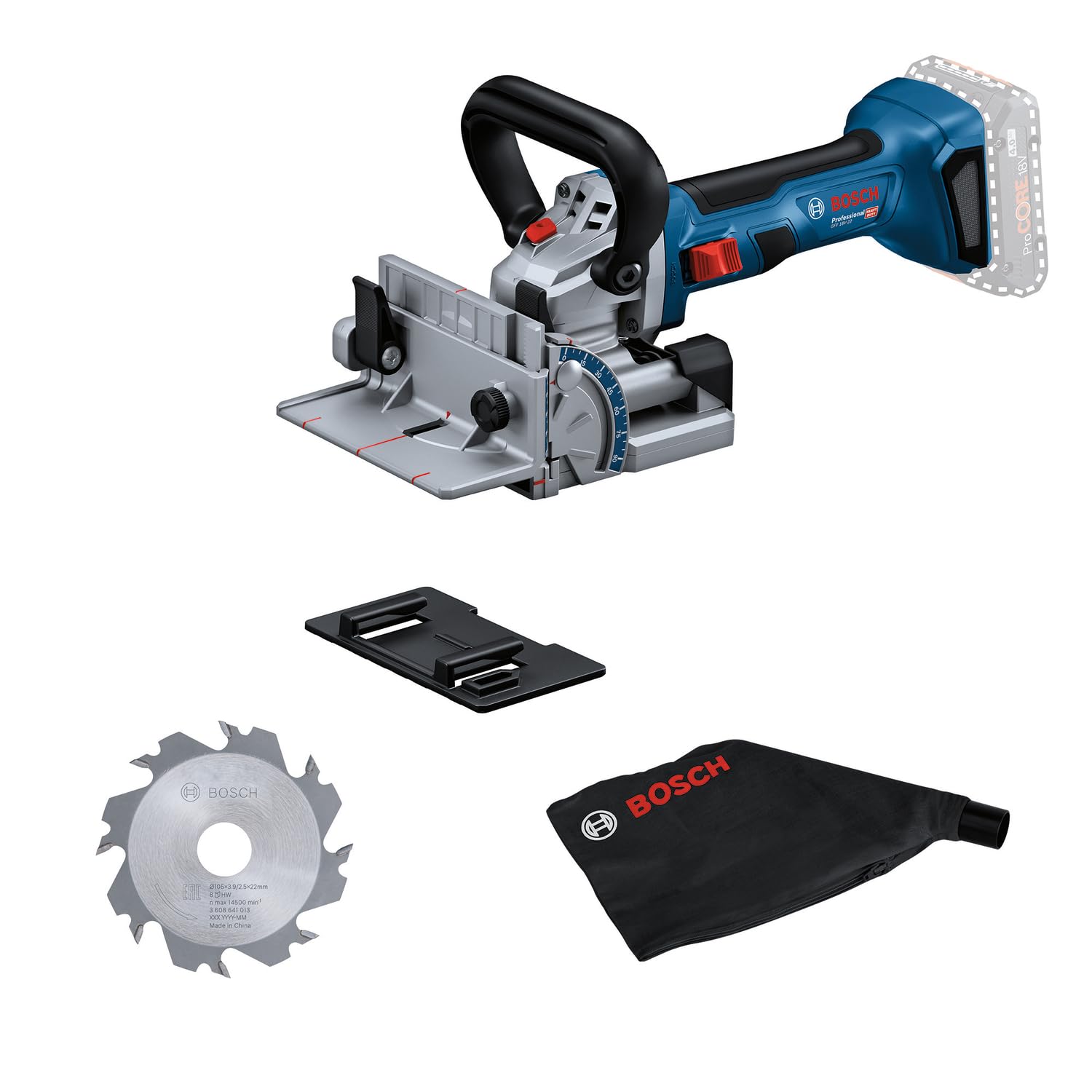 Bosch Professional 18V System Fresa universale a batteria GFF 18V-​22 (incl. fresa laterale Ø 105 mm, sacchetto raccoglipolvere, piastra con clip, chiave a perno, senza batteria/​caricabatteria)