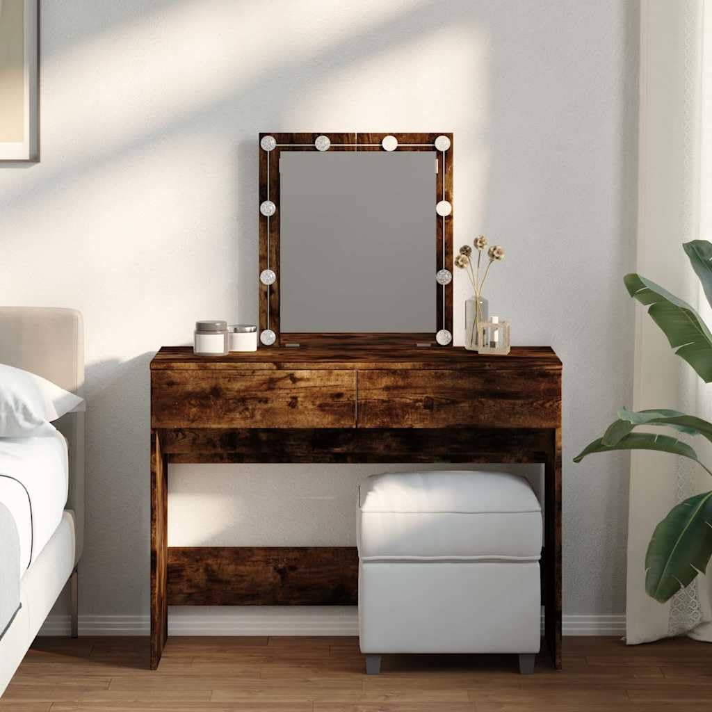 Schminktisch mit LED Beleuchtung Räuchereiche Holzwerkstoff 100x40x130 cm mit Spiegel und 2 Schubladen für Schlafzimmer Jugendzimmer mit Stauraum und USB Anschluss für Makeup Styling