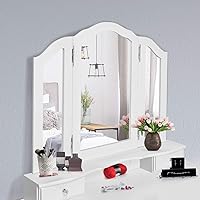 Vista 9 de Giantex Juego de tocador con espejo triple plegable y 4 cajones, tocador de maquillaje con taburete acolchado para niñas y mujeres, mesa de Blanco