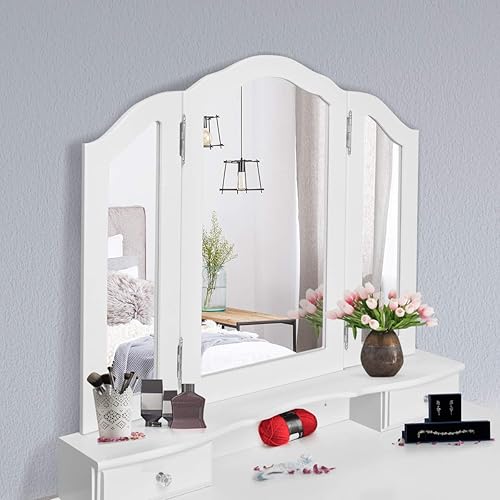 Miniatura 9 de Giantex Juego de tocador con espejo triple plegable y 4 cajones, tocador de maquillaje con taburete acolchado para niñas y mujeres, mesa de