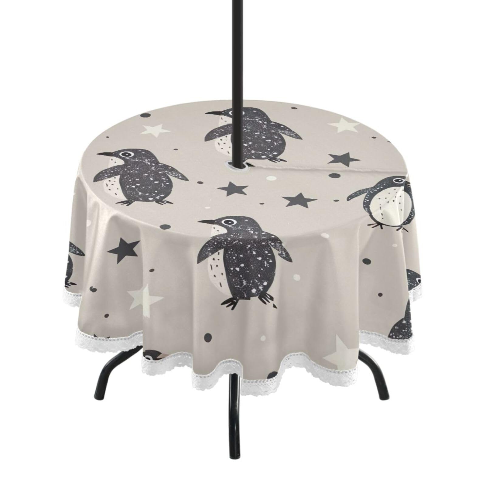 Ttgoth Penguins Outdoor Table Cloth 152 cm Water Stain & Resistan Tablecloth Wipeable Table Cover with Parasol Hole & Zipper for Garden Patio Party Picnic
