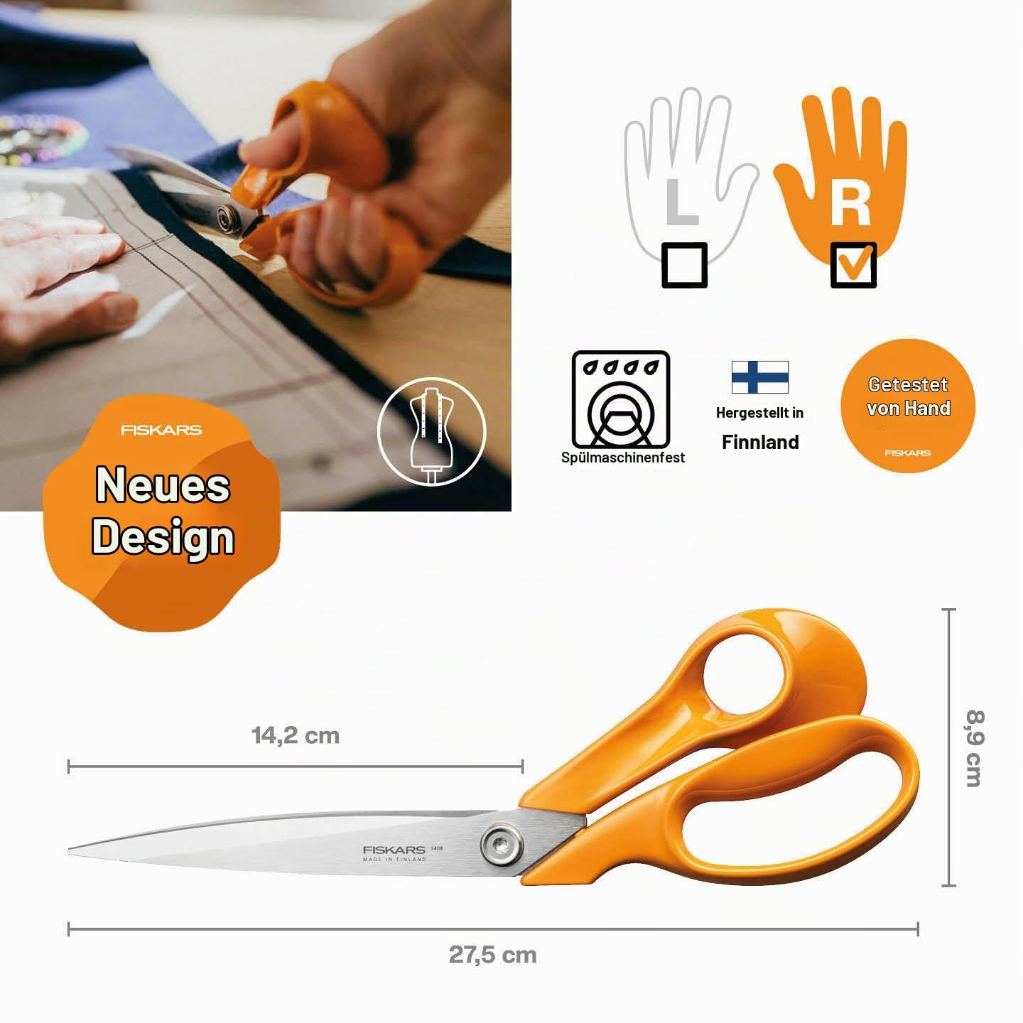 Fiskars Classic Schneiderschere, Rechtshändig, Gesamtlänge: 27,5 cm | Verbesserte Torx-Schraube und ergonomischerer Griff, Qualitätsstahl/Kunststoff, Orange, 1075056
