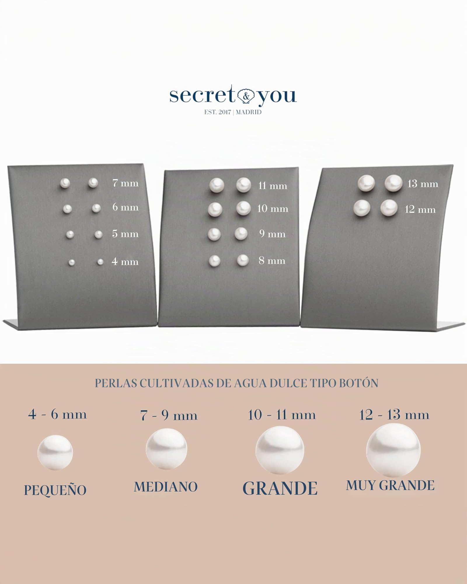 Pendientes de Perlas Cultivadas de Agua Dulce Para Mujer y Niña SECRET & YOU - Plata de Ley 925 en 10 tamaños, de 4 mm a 13 mm