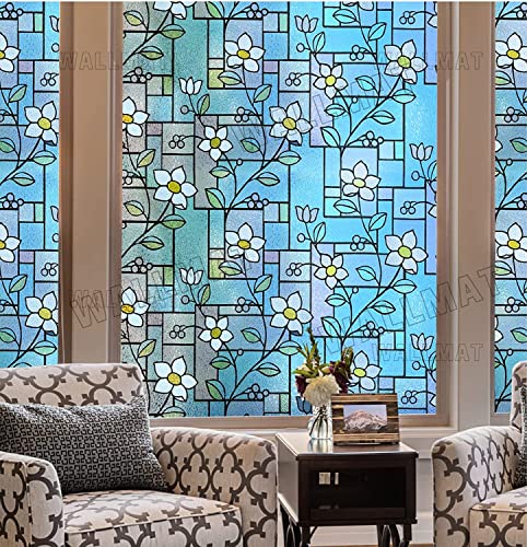 Image of WALLMATE Self Adhesive Window Film Frosted 3D Glass Door Window Frosted Film for Home /Office /Bathroom & Living Room Multicolor Frosted Film (24 x 90 Inch, Jasmin Flower)