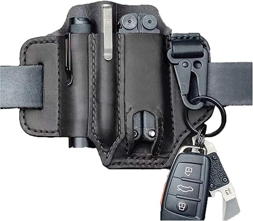 HOUZHI Organizador de bolsillo EDC con funda multiherramienta de cuero, organizador EDC con soporte para llaves, organizador de cinturón EDC, bolsa