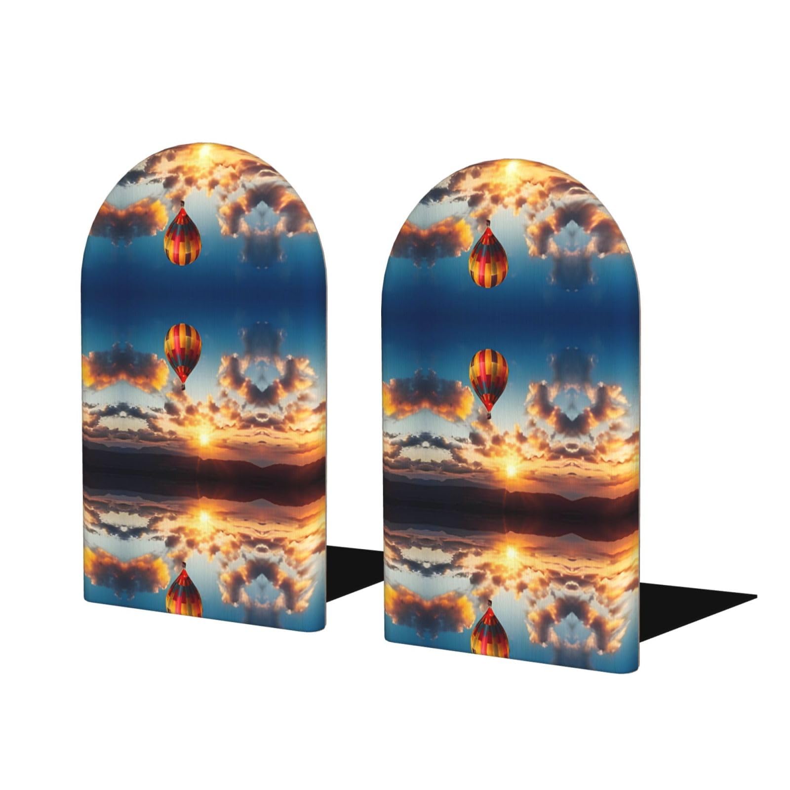Hot Air Balloon Sunset Stylish Bookends with Full-Print Design Durable Wooden and Metal Bookend Set for Home, Office
