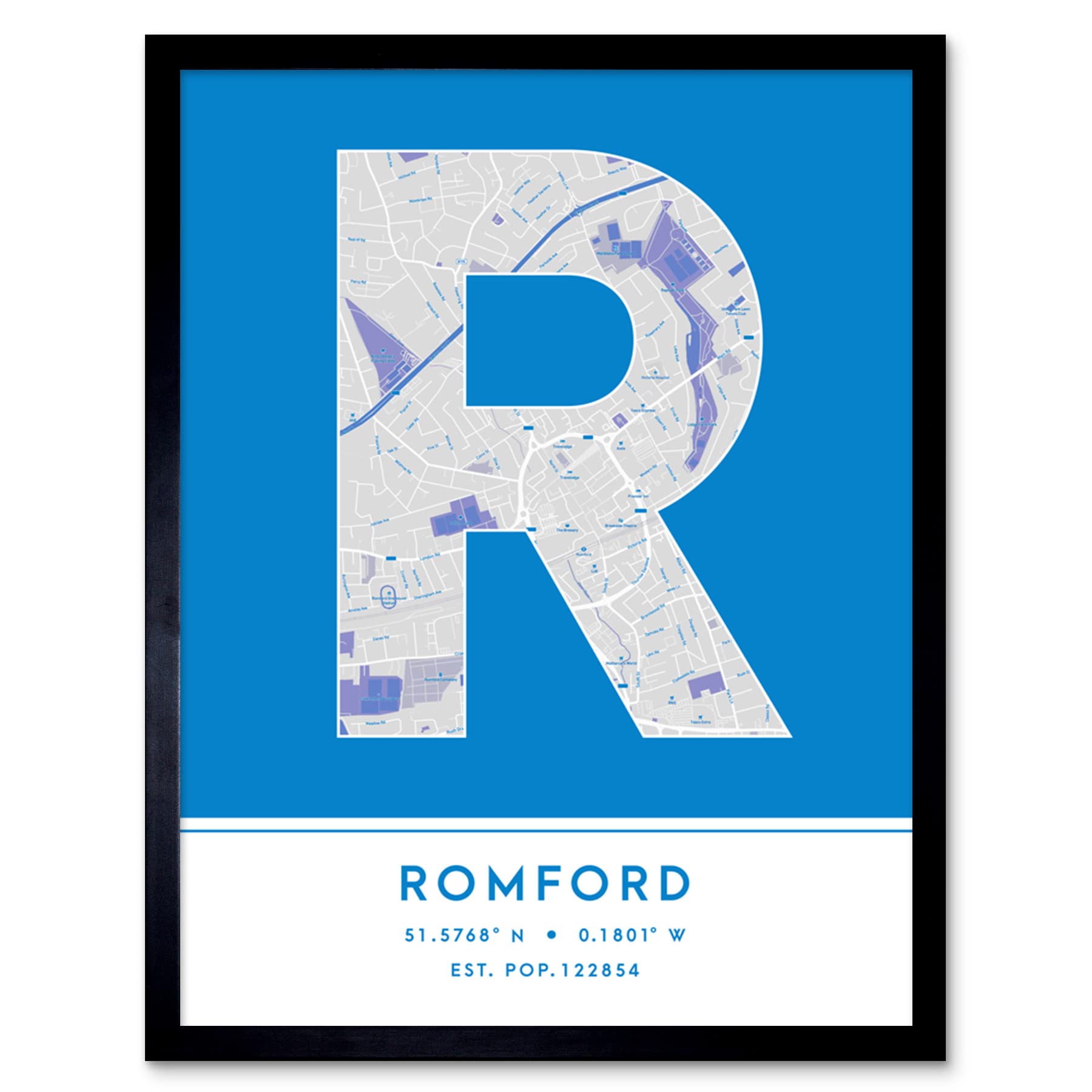 Wall Art Print Romford England City Map - Modern Typography - Framed Word Art - Blue Paper - W12 x H16 inch