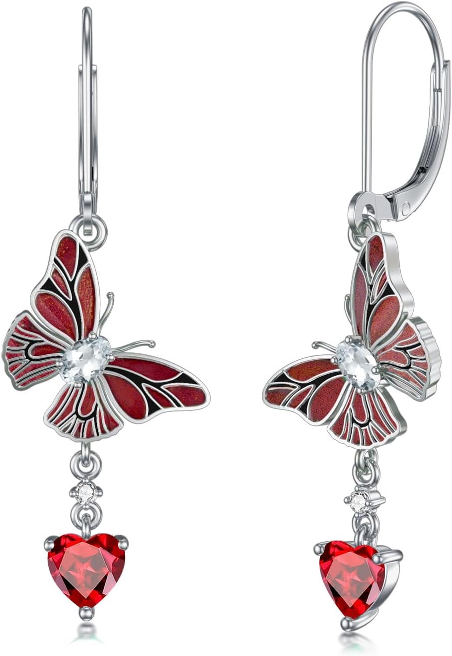 Emerald/Garnet Butterfly Dangle Earrings 925 Sterling Silver with Heart-Shaped Gems for Women