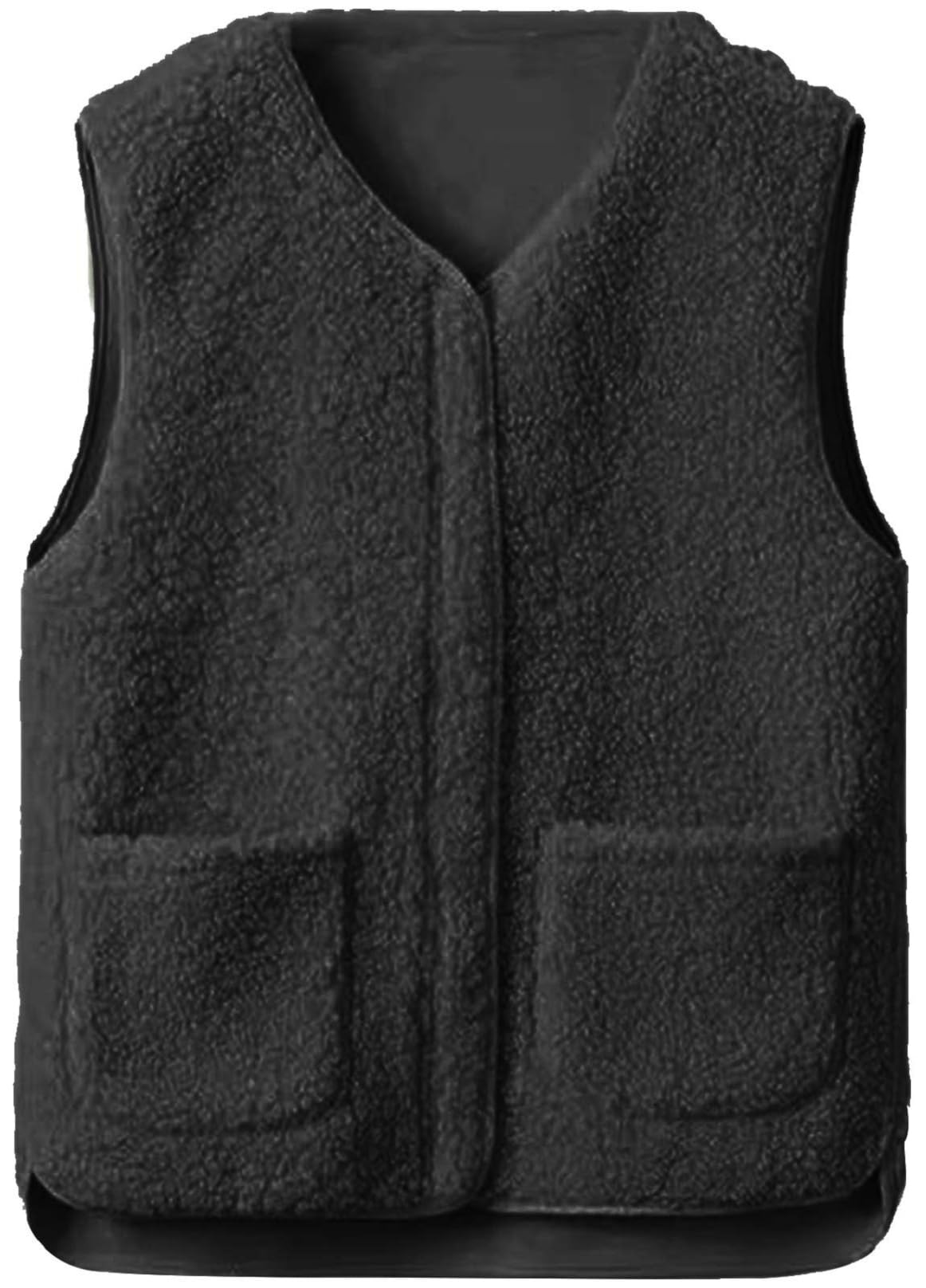 CheChury Fleecevest voor dames met ritssluiting, wintervest, elegant vest, dames, licht, thermisch, mouwloos, teddyjas, V-hals, winterjas, herfst, warm, ultralicht, met zakken, Zwart, S