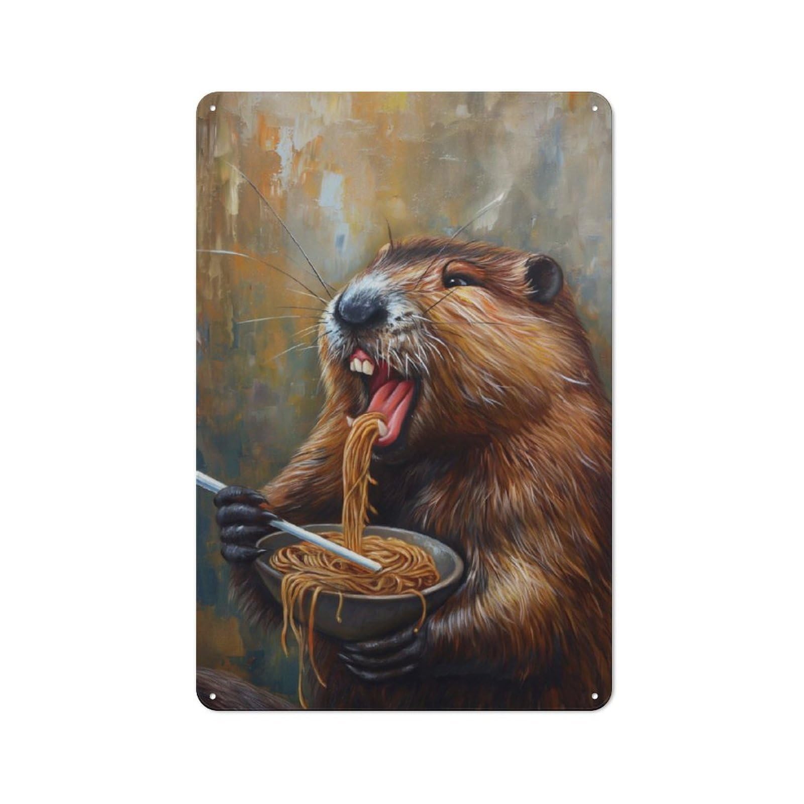 Loft Style Metal Wall Sign 30x20cm Featuring Funny Beaver Ramen Noodles, Studio Wall Art for Loft, Studio, Office Or Creative Room