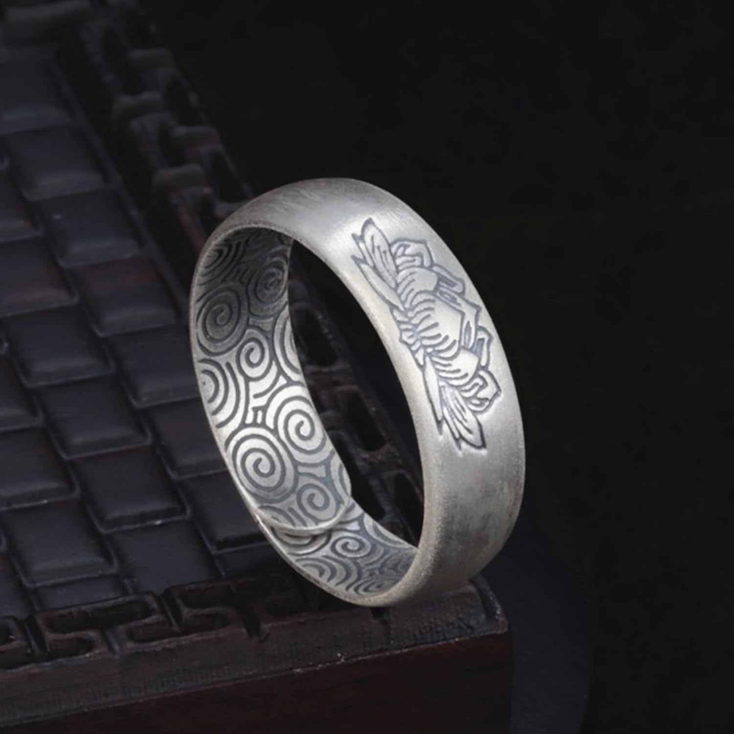 Vintage Silver Lotus Ring - Adjustable Feng Shui Auspicious Clouds Ring for Women Men, Protection Wealth Lucky Amulet Jewelry, Tibetan Buddhist Meditation Rings - Image 4