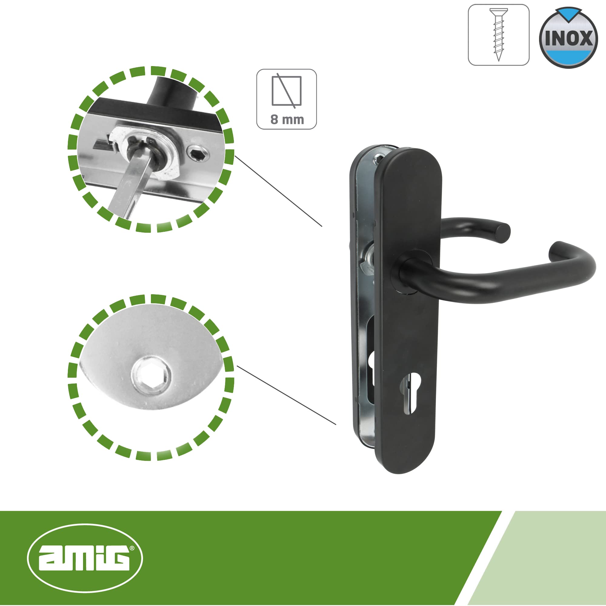 Amig - Set di maniglia con placca in polipropilene per porte, 245 x 45 mm, quadrettato da 8 mm, design semplice ideale per la tua casa o ufficio, con serratura, acciaio e