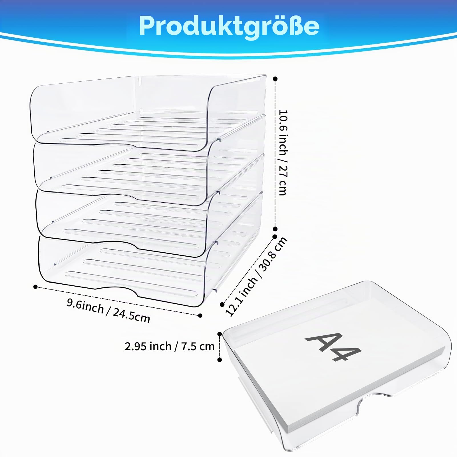 Transparenter Schreibtisch-Organizer, stapelbar, 4er-Pack, Papier-Briefablage, Schreibtisch-Aktenhalter für A4-Papier, Dokumente, Notizen, Bücher