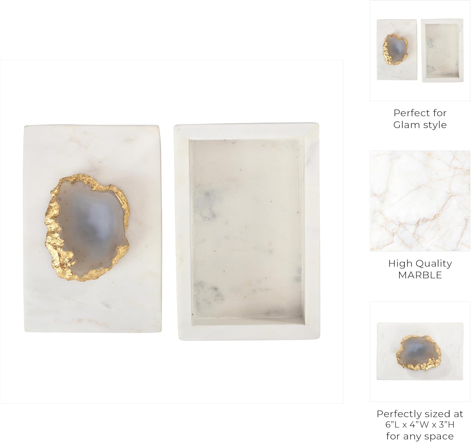 Marble Decorative Box for Home Decor – Jewelry Box with Lid and Gold Accent for Keepsakes – Ideal Home Organizer and Storage Box for Living Room, Bedroom, & Office Decor – 3" White & Gold