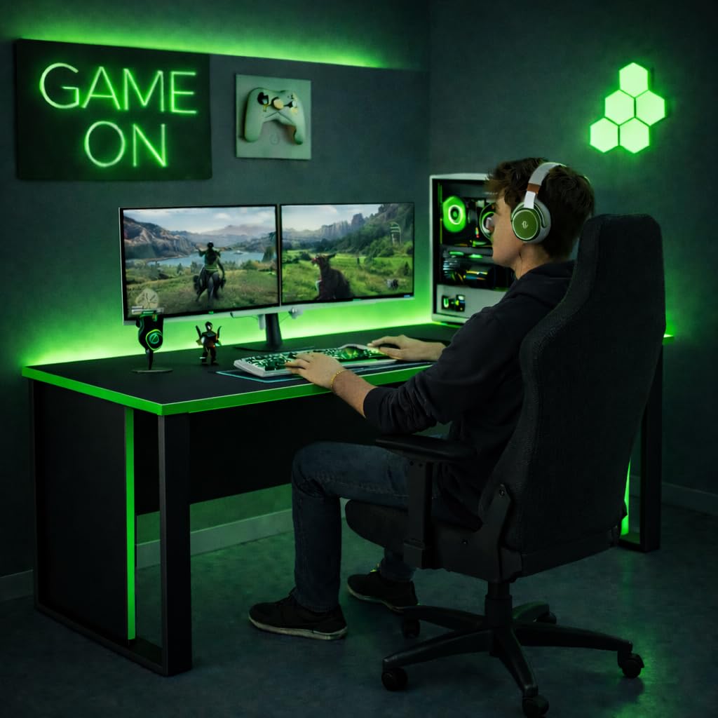 Homidea Vortex - Tavolo da gaming, 150 cm, con telaio robusto, scrivania per PC per configurazione di gioco, scrivania per computer per camera dei ragazzi, ufficio e home office, moderno tavolo da