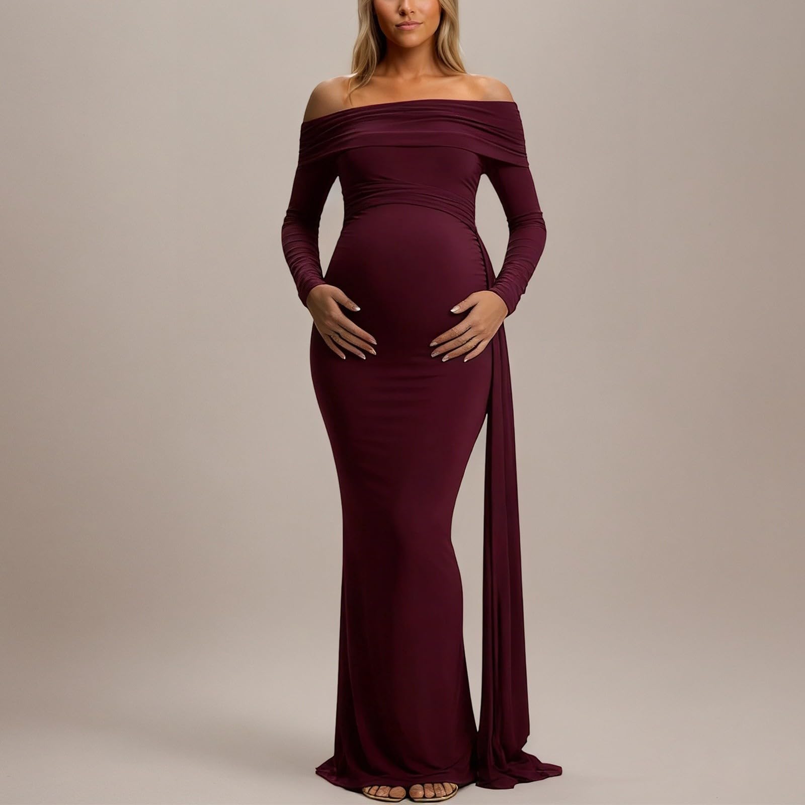 Generisch Elegante vestido de maternidad con escote asimétrico mangas largas volantes cintura alta para embarazo, moda de noche, sesión de fotos, fiesta, banquete